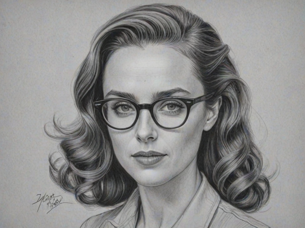 Gorgeous Kerry Condon, pencil sketch, portrait of Exquisite woman 1945s in glasses, hair style beatnik, outline, clear lines, fine lines, 8k