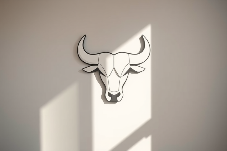 Create a high-resolution image of an abstract bull logo on a plain background, use a Canon EOS R5, 50mm lens, f/1.8 aperture, ISO 100, and natural lighting to enhance clarity and depth.