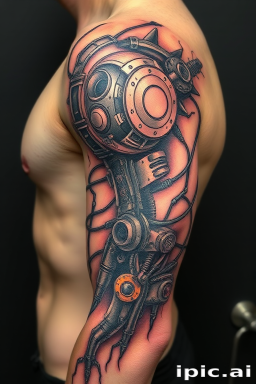 Biomechanical tattoo named "Cybernetic Fusion" blending organic forms with mechanical elements to create the illusion of exposed robotic parts beneath the skin, admired for its intricate detailing and futuristic aesthetic