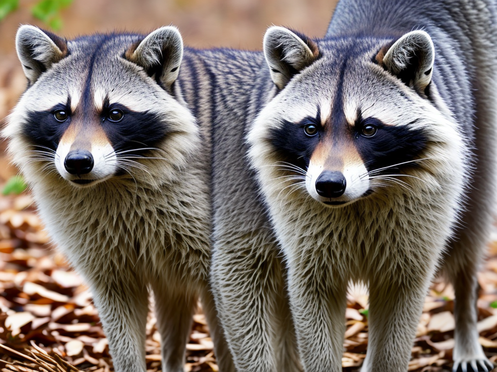 Big male raccoon with grey fur. Standing on his hindlegs and watch