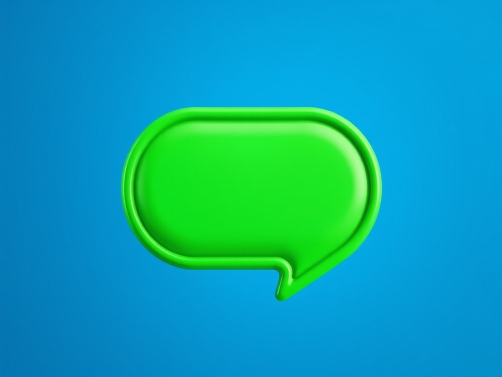 Create a 3D glossy speech bubble icon in vibrant green color set against a smooth gradient blue background, using a Canon EOS R camera, f/2.8 aperture, 1/160s shutter speed, ISO 100, and a macro lens for enhanced detail and clarity.