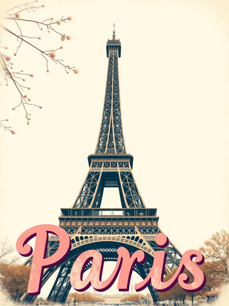 create a vintage style illustration of the Eiffel Tower with the word Paris in a playful font, shot with a Canon EOS R5 at f/2.8, ISO 100, 1/200 sec, in a wide-angle view to capture texture and depth