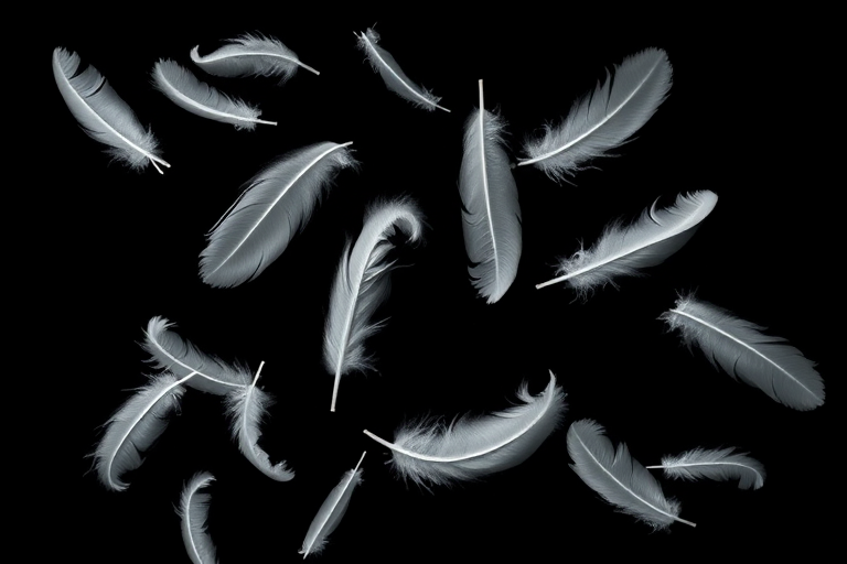 Create an image of white feathers floating on a black background with a Canon EOS R5 camera, using a 50mm lens, f/2.8 aperture, shutter speed of 1/200s, ISO 100, top-down view, in high dynamic range style.