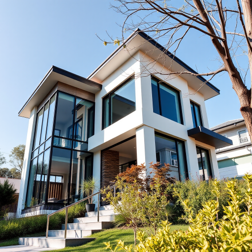 Generate a high-quality image of a modern house with large glass windows and an elegant architectural design, captured in bright daylight, using a DSLR camera with a 35mm lens at f/8, ISO 100, and a shutter speed of 1/250 sec, from a low angle perspective to emphasize the structure's height and surroundings.