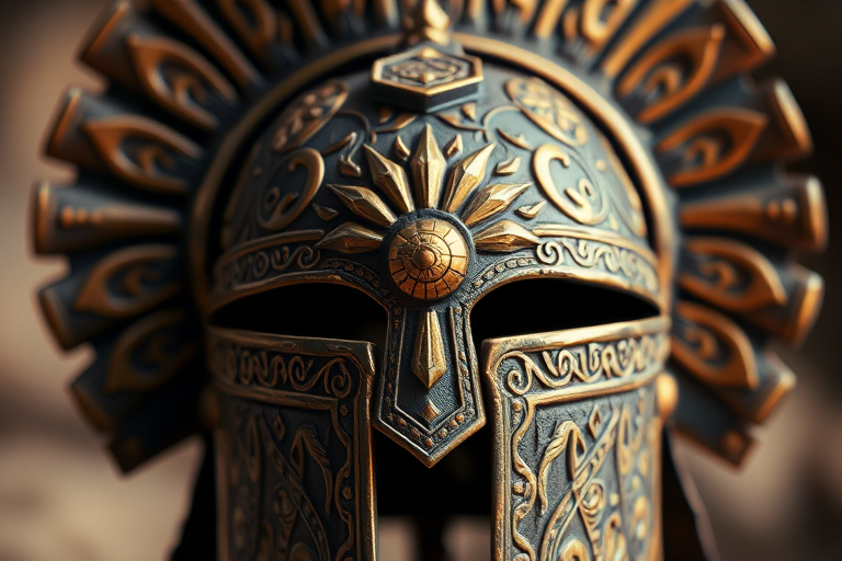 Create a highly detailed digital rendering of an intricate, stylized helmet with ornate patterns and a sun motif, captured with a DSLR camera at f/8, ISO 100, 1/200s, using a macro lens to emphasize texture and detail, framed against a soft-focus background for depth.