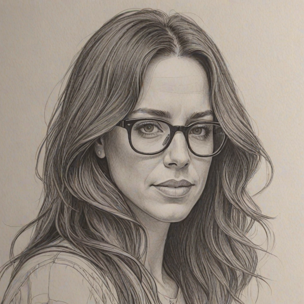 Dazzling Alanis Morissette, pencil sketch, portrait of Dazzling woman 1969s in glasses, hair style beatnik, outline, clear lines, fine lines, 8k