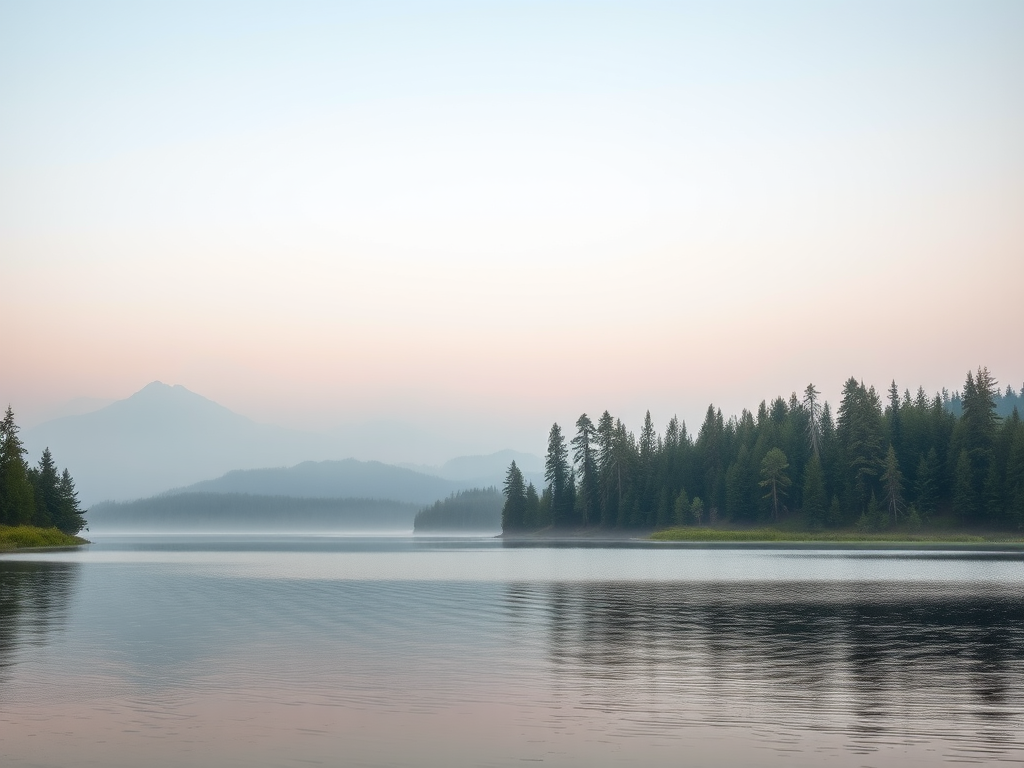 Create a serene landscape scene featuring a calm lake surrounded by lush trees and distant mountains, capture in soft pastel colors with a misty atmosphere, using a DSLR camera with a 35mm lens at f/8, ISO 100, with a wide-angle view to enhance depth and sharpness.