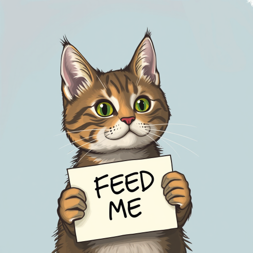 cat holding a note which says "FEED ME"