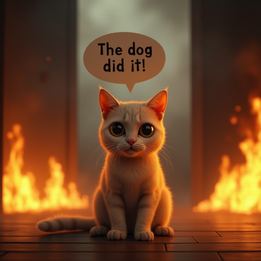 Photorealistic image of an innocent-looking cat sitting calmly in the middle of a burning room. Flames engulf the room, with fire licking up the walls and smoke filling the air. The cat is sitting on the floor, looking directly at the viewer with wide, innocent eyes. Above the cat, a speech bubble says "The dog did it!" The contrast between the cat's calm demeanor and the chaos around it creates a humorous and surreal scene.