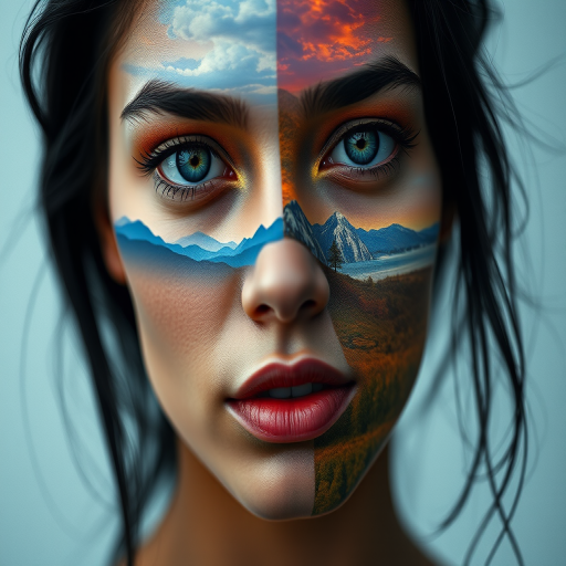 Create a surreal portrait of a woman with a face split into vibrant landscapes and abstract elements, using a Canon EOS R5, 85mm lens, f/1.8 aperture, ISO 100, 1/200 sec shutter speed, natural light, shallow depth of field, and a soft focus background to enhance image quality.