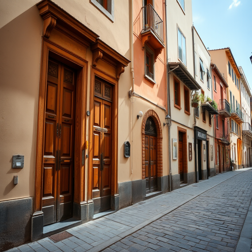 Street view of charming vintage buildings with wooden doors, cobblestone pavement, natural sunlight, f/8 aperture, ISO 200, 24mm lens, taken with a DSLR camera in landscape mode.