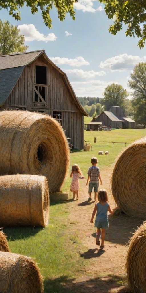 Rustic barn filled with hay bales, children playing hide and seek, and farm animals nearby, capturing the essence of rural life and childhood fun.