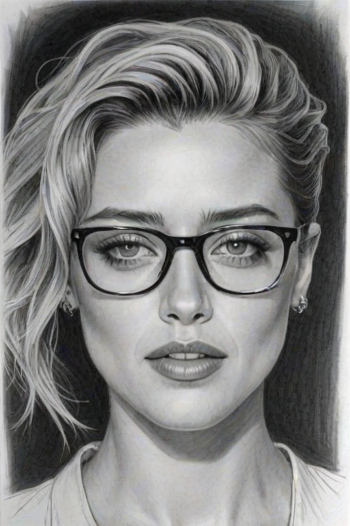 Charming Amber Heard, pencil sketch, portrait of Appealing woman 1924s in glasses, hair style beatnik, outline, clear lines, fine lines, 8k