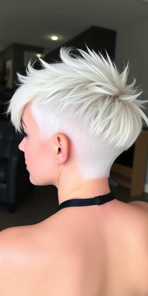 Icy platinum blonde pixie with "Frost Bite" flair features textured spikes and a dramatic undercut for edgy appeal