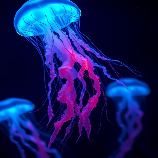 Bioluminescent jellyfish tendrils glow with an otherworldly blue light, floating gracefully in a weightless underwater style, mesmerizing all who gaze upon them