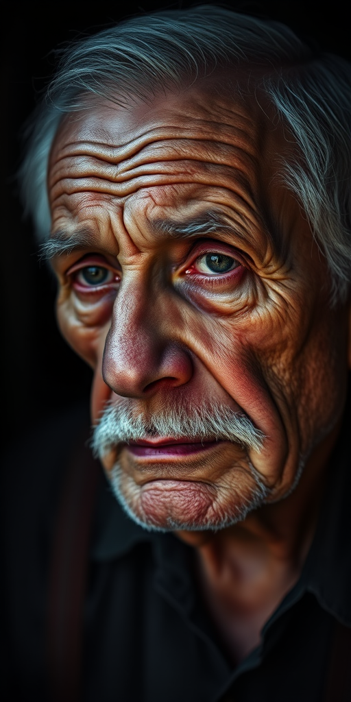 Create a portrait of an elderly man with a deep expression of sadness, using low-key lighting to enhance the texture of his skin, shot at f/1.8 aperture, 85mm lens, ISO 100, and a Canon EOS R5 camera for high detail and clarity.