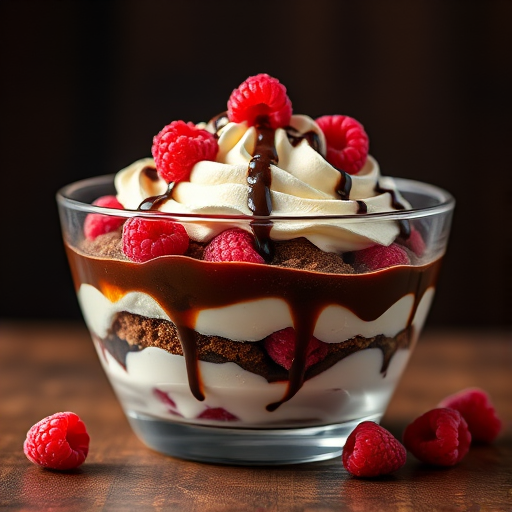 Create a high-resolution image of a richly layered dessert in a clear glass bowl, featuring whipped cream, chocolate sauce, and fresh raspberries, shot at a 50mm lens with f/2.8 aperture, ISO 100, and soft diffused lighting to enhance texture and detail in a dark, warm-toned background.