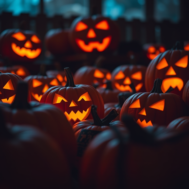 Create a highly detailed, realistic image of various carved pumpkins with glowing faces in a dimly lit setting, using a DSLR camera, aperture set to f/2.8 for shallow depth of field, ISO 200 for low noise, and a focal length of 50mm to capture intricate details, shot from a low angle to enhance the dramatic effect.