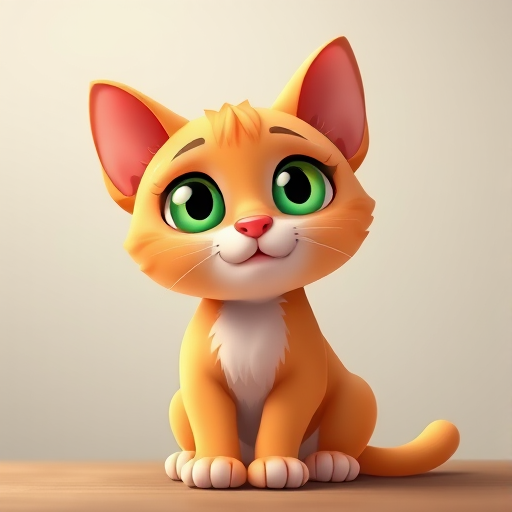Generate a high-resolution cartoon-style image of a cute orange cat with large green eyes, sitting pose, soft lighting, using a DSLR camera with an aperture of f/2.8, ISO 100, focal length 50mm, at a 45-degree angle view for enhanced detail and depth.