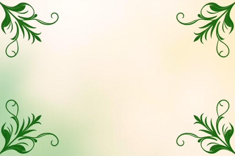 Create an elegant floral frame with intricate green motifs at the corners, centered on a smooth gradient background, soft focus, macro lens, f/2.8 aperture, 50mm lens, ISO 100.