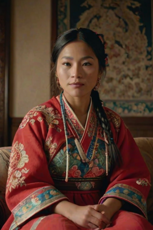 A beautiful Quechua woman in traditional East Asian attire, intricately detailed with embroidered patterns, sitting gracefully in a richly decorated room, soft ambient lighting, serene and elegant, ultra-realistic, 8K resolution