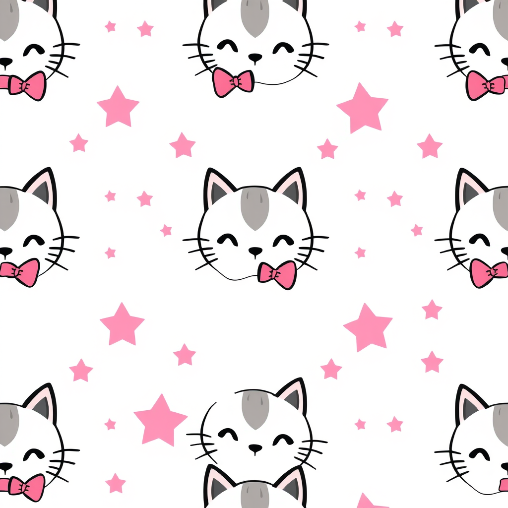 Create a seamless pattern featuring cute cartoon cat faces with pink bows on a light background interspersed with pink stars