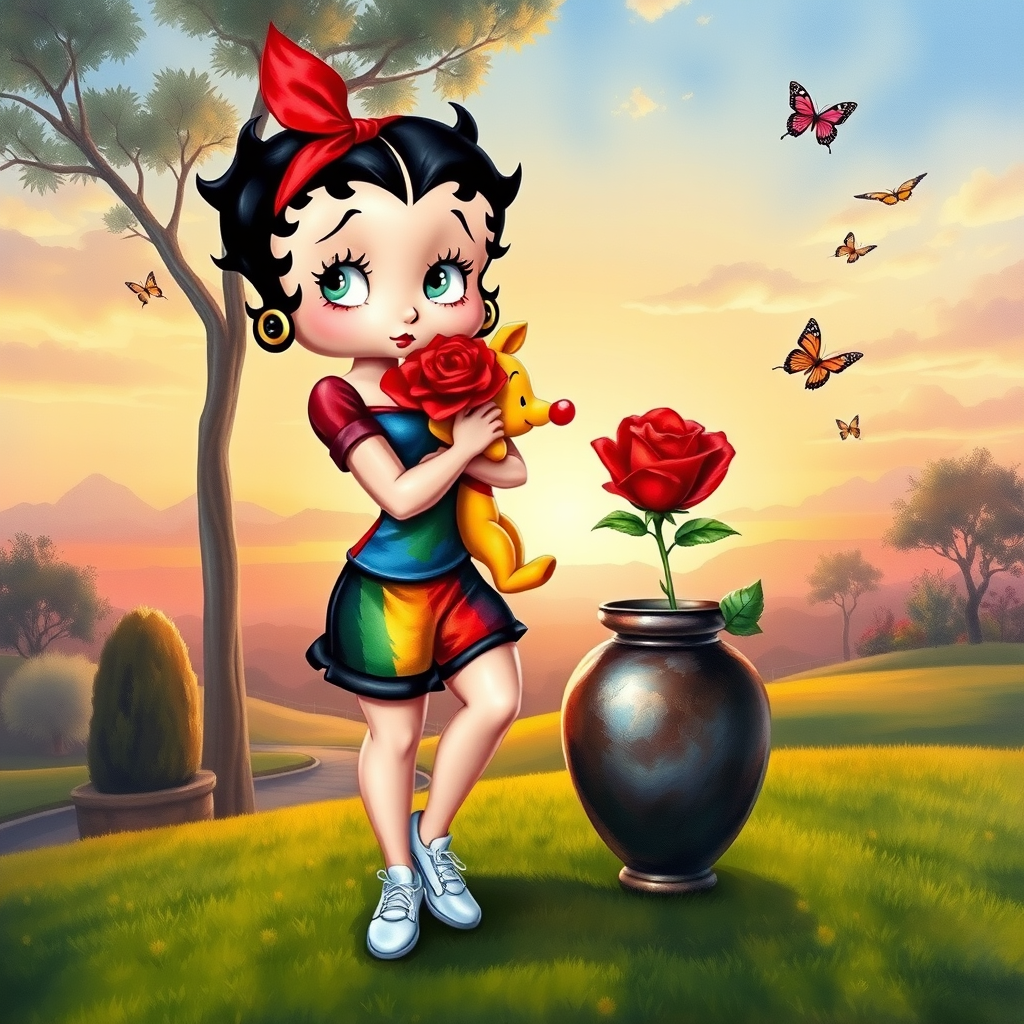 Luxury 3D HD realistic watercolor oil painting. Betty Boop with black hair in two messy buns. Red headband with big bow. He wears black shorts with a colorful t-shirt. White sneakers. She is standing hugging winnie the pooth next to a large vase with a tall red rose, There are trees and butterflies flying. The land with a beautiful lawn. Full body. Background of a sunset