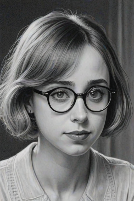 Sublime Zoe Kazan, pencil sketch, portrait of Lovely woman 1929s in glasses, hair style beatnik, outline, clear lines, fine lines, 8k