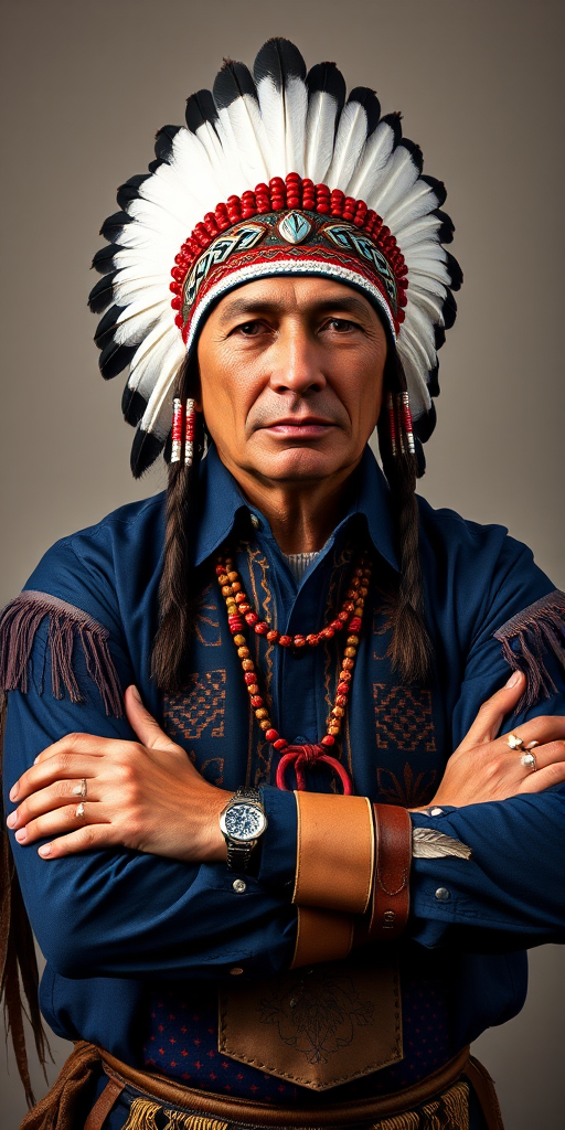 Create a dignified portrait of a Native American man dressed in traditional attire. He wears a beautifully crafted headdress adorned with white feathers and red beads, along with a beaded headband featuring intricate patterns. His clothing includes a deep blue, patterned shirt and a traditional chest piece with detailed beadwork. His arms are crossed, displaying leather armbands decorated with feathers. The background is simple and neutral, emphasizing his proud and stoic expression. The overall image captures the rich cultural heritage and strength of his persona.