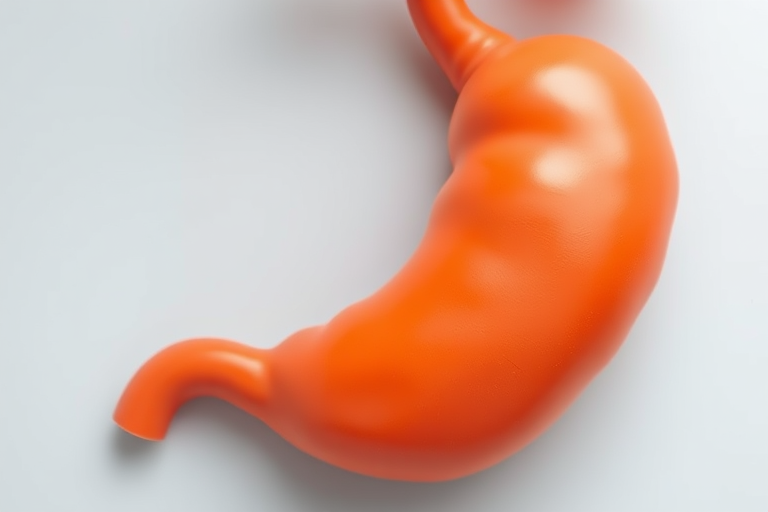 Create a highly detailed illustration of a stomach, with a vibrant orange color and smooth contours, captured in high-resolution using a DSLR camera with a 50mm lens, aperture set to f/2.8, ISO 100, shot from a top-down view to enhance clarity and depth.