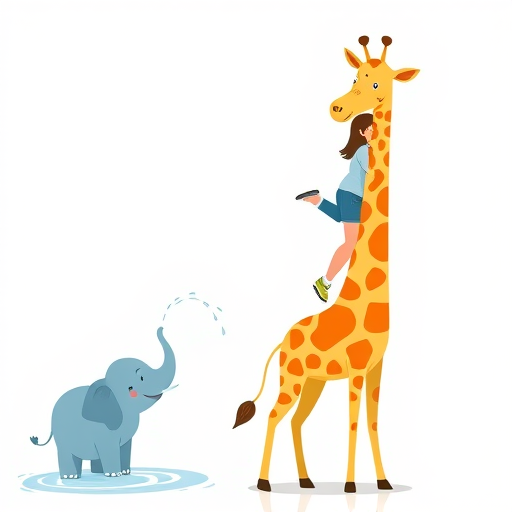 Create a whimsical illustration of a child riding on a tall cartoon giraffe while a cheerful blue elephant sprays water, using vibrant colors and a minimalist background, captured with a DSLR camera at f/4 aperture, 50mm lens, natural light, and a shallow depth of field for enhanced clarity and detail.