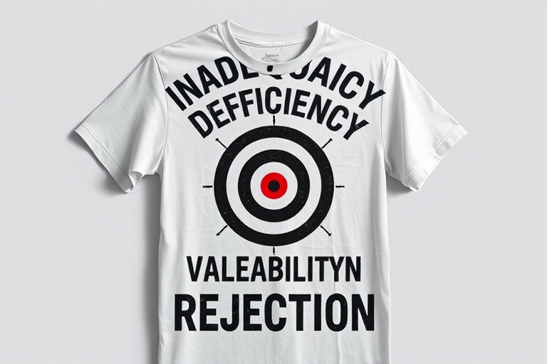 Create an abstract design of a t-shirt featuring the words inadequacy, deficiency, inability, vulnerability, and rejection in bold typography, with a target symbol in the center, photographed with a Canon EOS R5 at 50mm, f/2.8, ISO 100, natural lighting, high contrast, and sharp focus to enhance image quality.