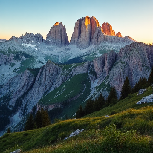 Capture a stunning landscape of the Dolomites during golden hour with a DSLR camera, 24mm lens, f/8 aperture, ISO 100, using a tripod for stability, emphasize sharp details and vibrant colors in the rocky peaks and lush greenery in the foreground.