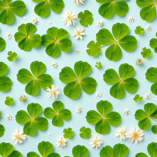 Create a repeating pattern of green clover leaves and white flowers on a light blue background, shot with a Canon EOS R5, 50mm lens, f/4 aperture, ISO 100, and a soft focus style to enhance the image quality.