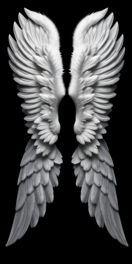 Create an illustration of angel wings centered on a black background, using a Canon EOS 5D Mark IV with a 50mm lens, aperture set to f/2.8, ISO 100, and a shutter speed of 1/200 sec for optimal sharpness and detail.