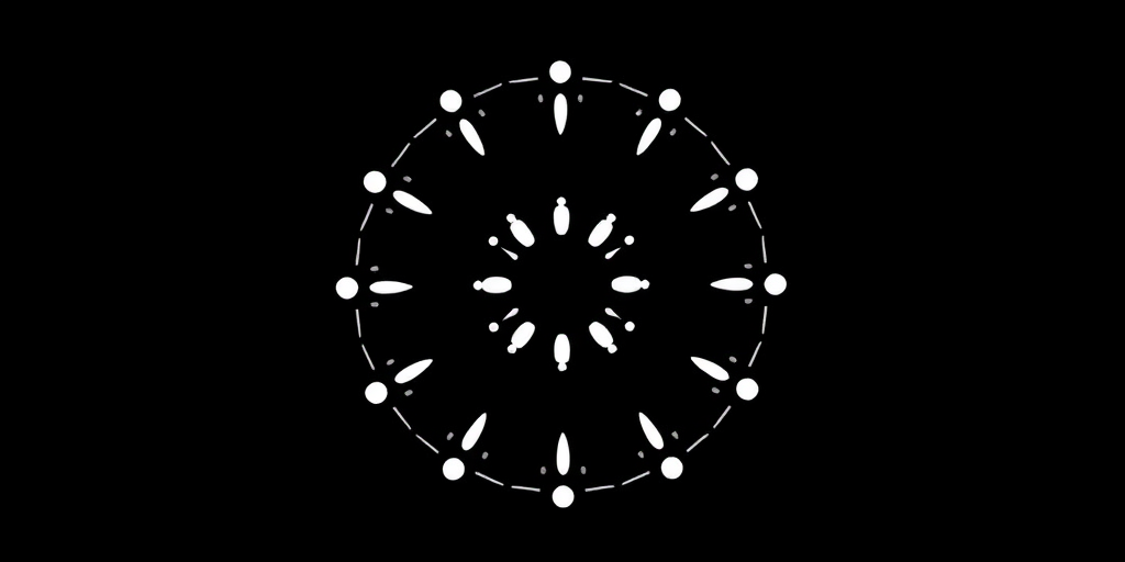 Create a high-resolution graphic of a circular design with sharp white elements against a solid black background, using a DSLR camera with a 50mm lens, aperture f/1.8, ISO 100, and a shallow depth of field for a soft blur effect, captured from a top-down view for dramatic emphasis.