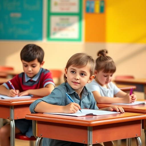 Create an image of three children sitting at school desks, two boys and one girl, engaging in writing, with natural lighting, using a DSLR camera, 50mm lens, f/2.8 aperture, ISO 100, in a classroom setting, emphasizing vibrant colors and sharp details.