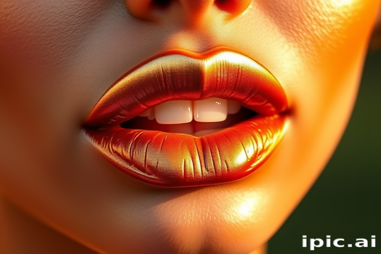 Metallic bronze lips gleam with sun-kissed radiance in the "Golden Hour Glow" look, featuring a warm, shimmering finish that captures the essence of late afternoon sunlight, creating a luxurious and flattering lip color that complements a wide range of skin tones and adds a touch of glamour to any makeup look