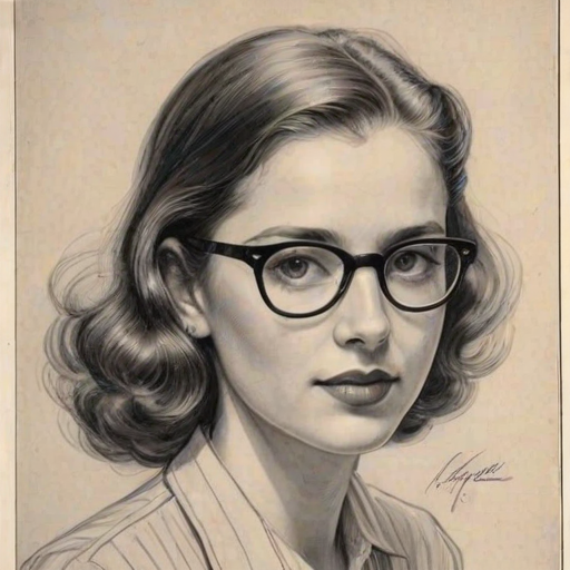 Exquisite Molly Gordon, pencil sketch, portrait of Delightful woman 1939s in glasses, hair style beatnik, outline, clear lines, fine lines, 8k