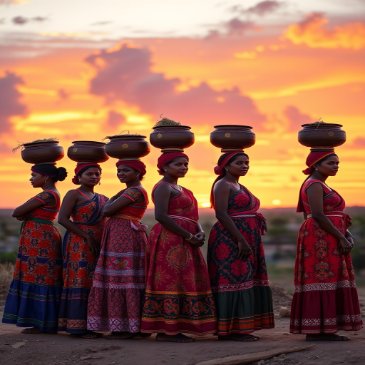 Generate an image of six women in colorful dresses standing in a row, each carrying a pot on their heads, set against a vibrant sunset background with clouds; use a Canon EOS R5 camera, 50mm lens, f/1.8 aperture, ISO 100, and a wide-angle view to capture the rich colors and details.