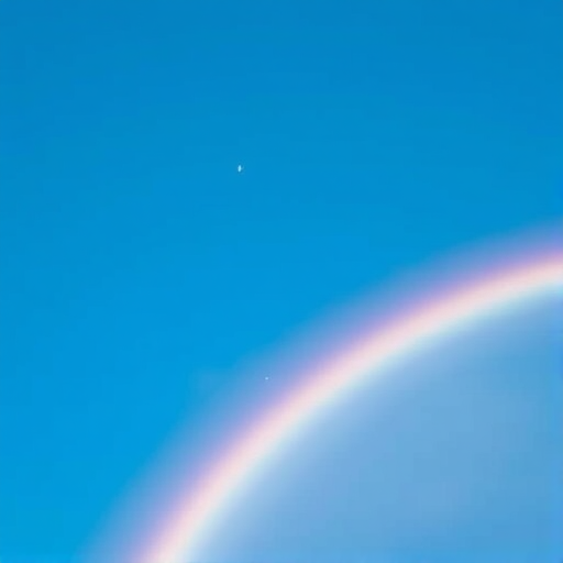 Create a vibrant rainbow arching across a clear blue sky, DSLR camera, f/8 aperture, ISO 100, 24mm lens, shot from a low angle to emphasize the colors and depth.