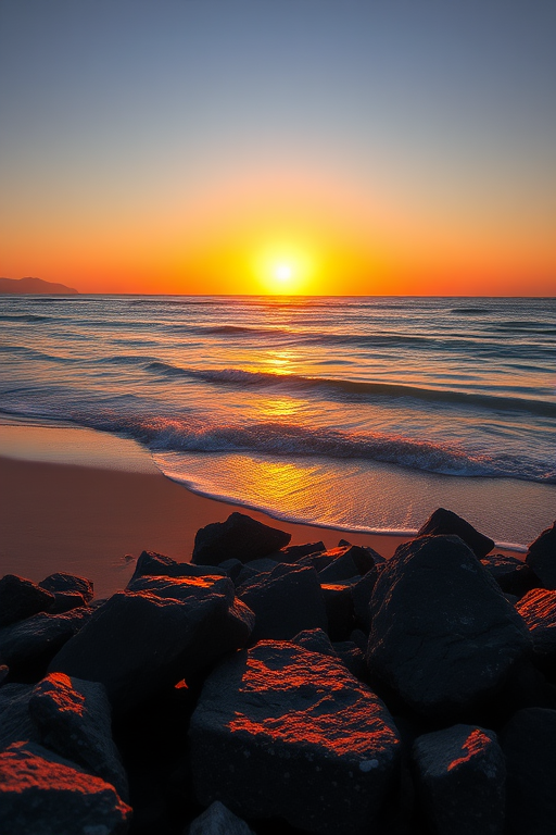 sunset at a beach with gentle waves lapping at the shore and rocky formations in the foreground, captured with a DSLR camera, 35mm lens, aperture f/11, ISO 200, shutter speed 1/60s, captured in landscape orientation, high dynamic range for enhanced colors and details