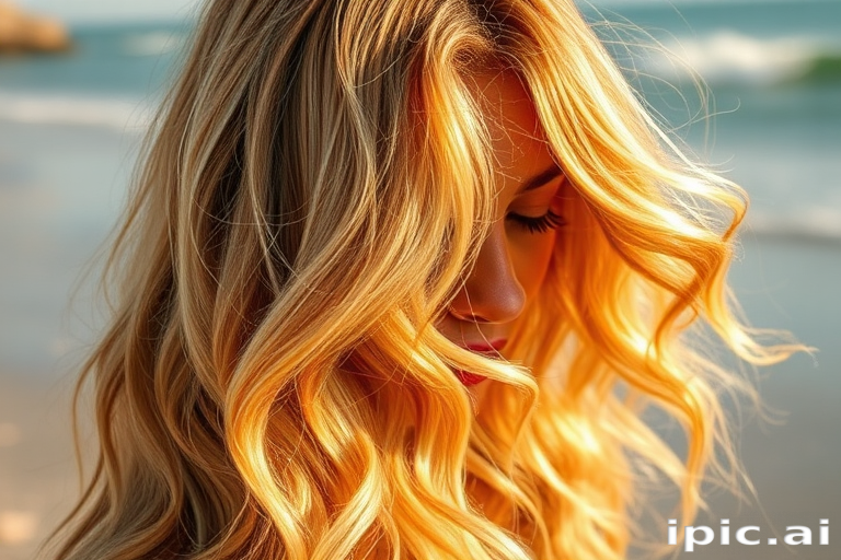 Sunlit Honey Harvest glows with golden blonde tresses interwoven with caramel and amber highlights, styled in voluminous beach waves that capture the essence of summer