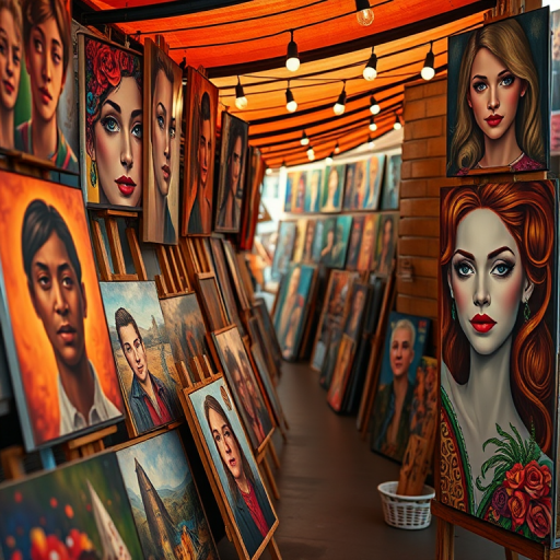 regenerate an image of an art market stall displaying colorful paintings and vibrant portraits with a Canon EOS 5D Mark IV, 50mm lens, aperture f/1.8, ISO 400, natural lighting, shot from eye level for a rich detail and depth of field effect
