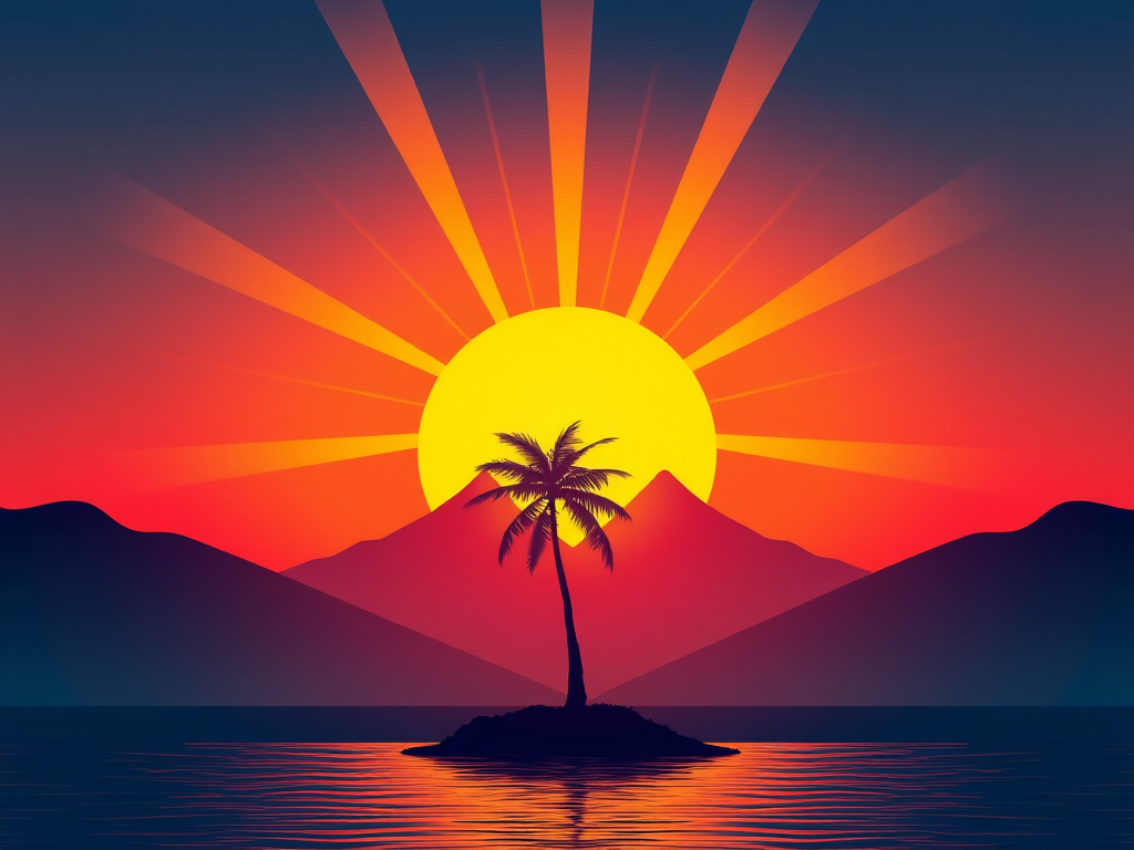 Create a vibrant circular illustration of a sunset with bold rays emanating from a large sun over two silhouettes of mountains, a palm tree in the foreground, and a reflective water surface, using a DSLR camera with a 50mm lens, aperture f/8, ISO 100, shot at sunrise with a low-angle perspective and a soft focus background.