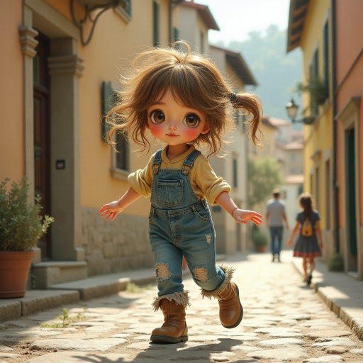 Whimsical little 3-year-old girl wearing scruffy tomboy clothes, boots, messy hair heavily blushed cheeks, pink lips, closely dancing in the street of an Italian village,Textured painterly fantasy artistic mixed media