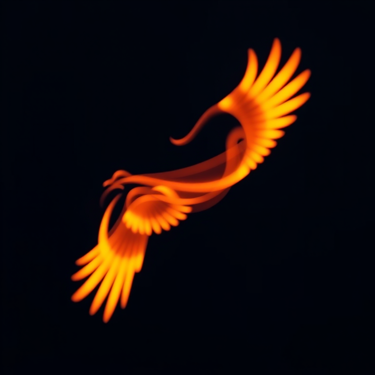 Create a high-resolution image of a glowing bird silhouette against a dark background, featuring vibrant orange and yellow swirling lights, shot with a DSLR camera at f/2.8, ISO 100, 1/60 sec, using a 50mm lens, and a soft focus effect for an ethereal look.