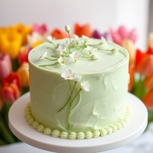 A beautifully decorated cake with a light green frosting featuring delicate white flowers and green stems, displayed on a white round cake stand, with a blurred background of colorful tulips.