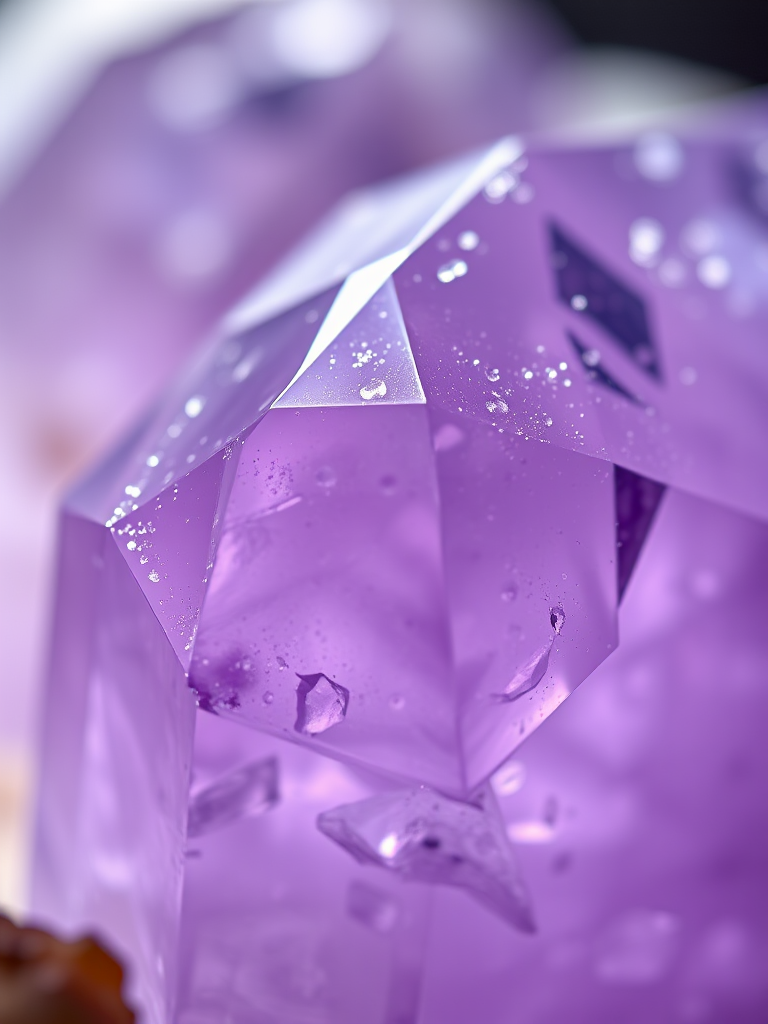 high-resolution close-up of an amethyst crystal, with sharp focus on the facets, soft natural light, macro lens, f/2.8 aperture, 100mm lens, ISO 100, HDR imaging, shallow depth of field