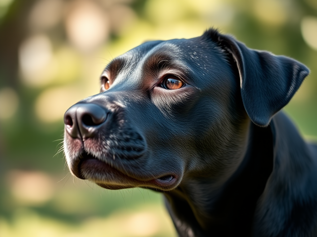 Regenerate an image of a black dog with an expressive face, captured in natural light, using a DSLR camera with a 50mm lens, aperture set to f/1.8, ISO 200, and a shallow depth of field to emphasize the dog's features against a blurred background.